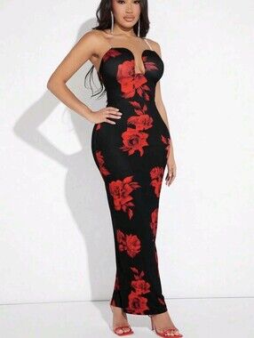 NWT Shein Black Maxi Dress Red Rose Print Sweetheart Neckline Back Slit Size L